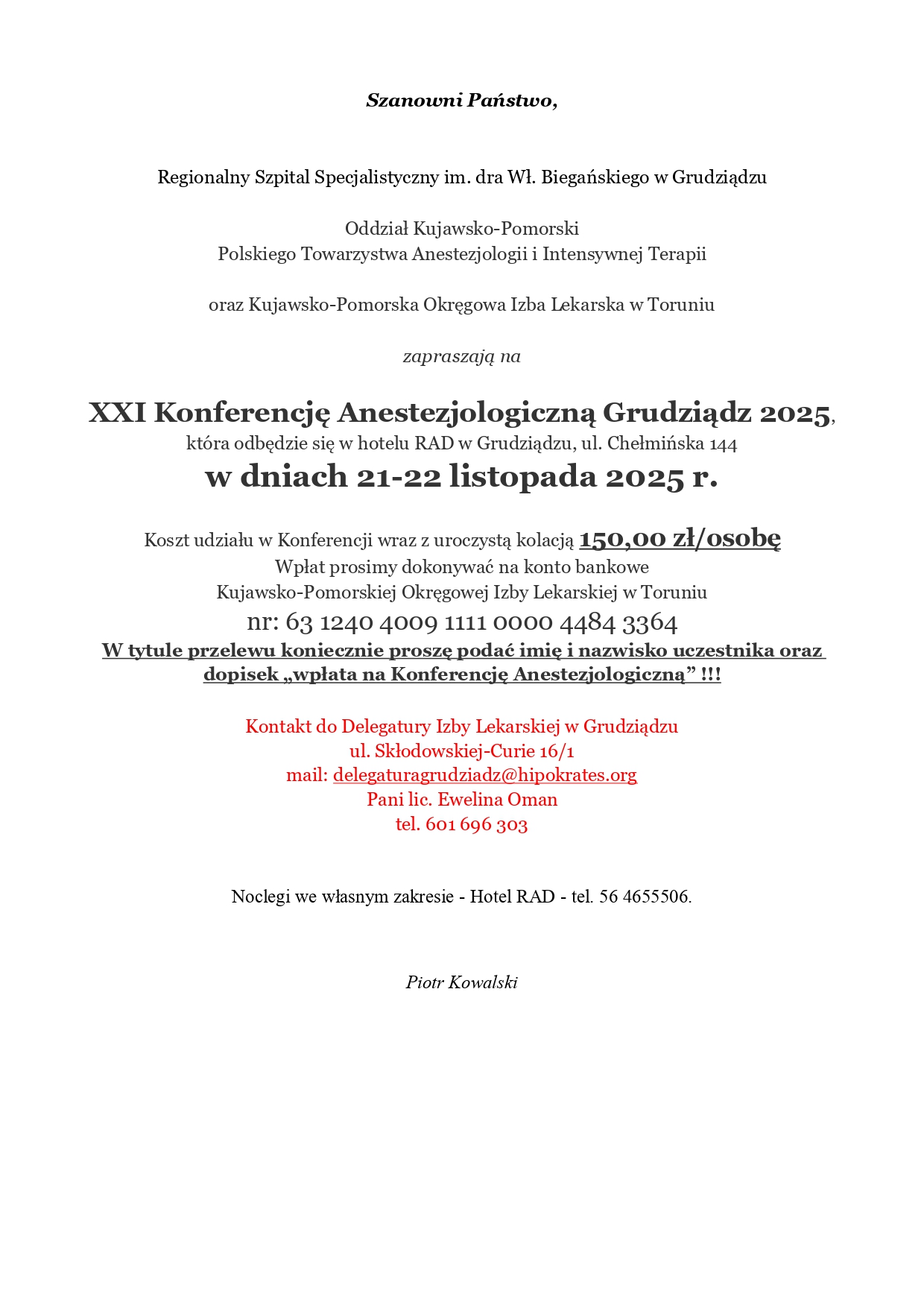 Zaproszenie na XXI Konferencję Anestezjologiczną Grudziądz 2025_page-0001